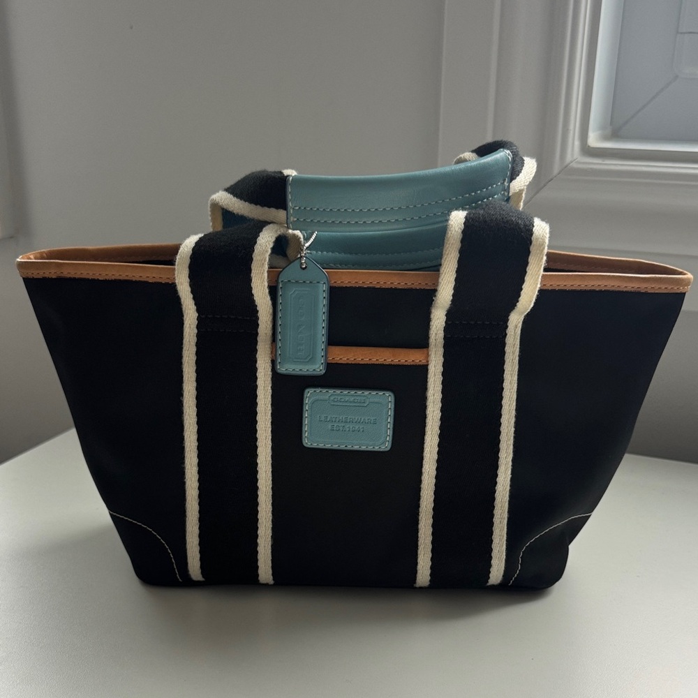 Coach Black Tote with Light Blue Accents and Cream Trim - Picture 1 of 16